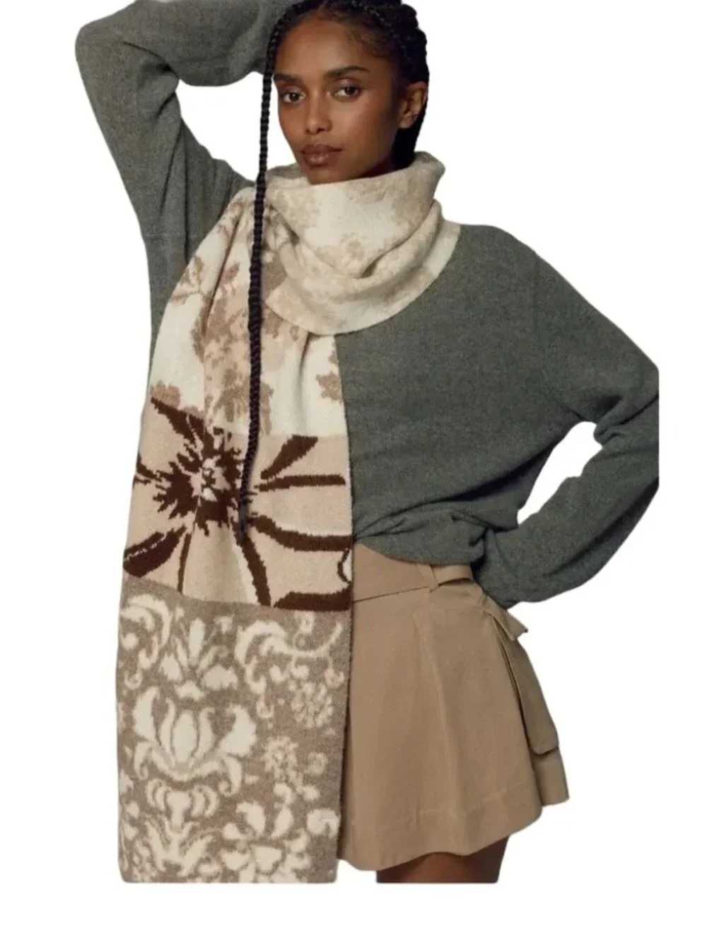 NEW ANTHROPOLOGIE The Mariel Scarf Neutral Patchwork Design Beige Brown Floral